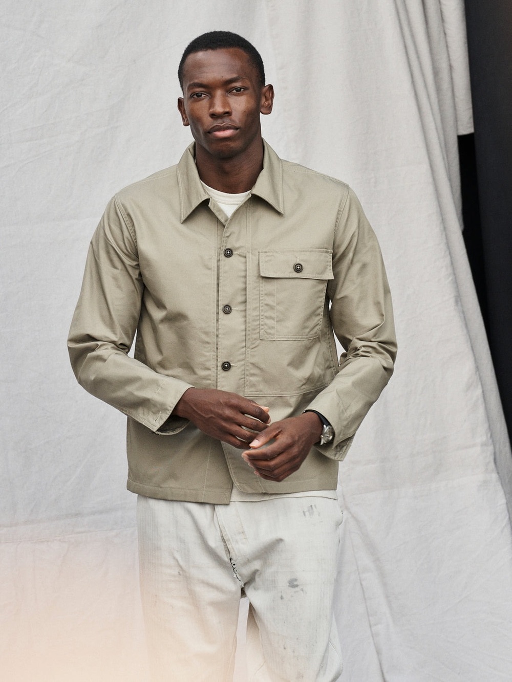 Buck Mason Storm Trooper Traveler Shirt in light sage NWT